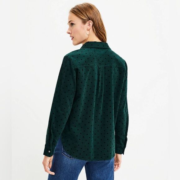 LOFT Women’s Green Black Velvet Dot Corduroy Everyday Button Front Shirt XS - Picture 9 of 14